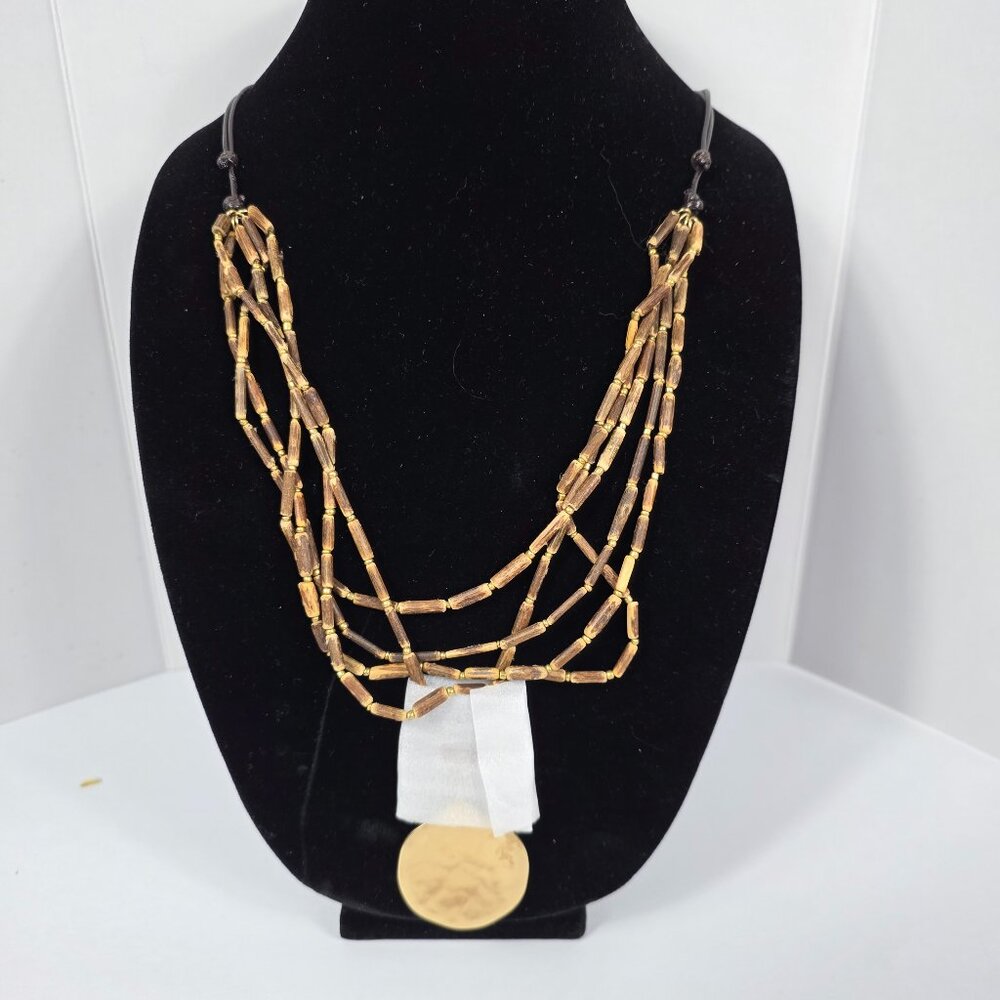 J Jill Tri Strand Wooden Bead and Brass Bohemian Statement Necklace